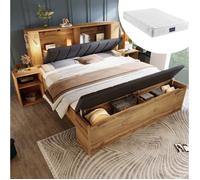 Lit complet 160 x 200 cm avec matelas, 2 chevets, banquette coffre, lampes de lecture USB, décor chêne