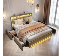 Lit Complet Double 160x200 avec 4 Tiroirs, Lit Double avec LED et USB, Lit Capitonné 2 Personnes, Rangement Intégré, Lin, Beige