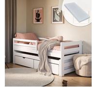 Lit complet enfant 90x200 + Lit gigogne 90x190 - Lit avec matelas et sommier - 2 tiroirs - Lit simple avec rangement - Blanc