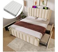 Lit complet - ZEVKOR - 140x200 - Matelas 7 zones H3 inclus - 4 tiroirs - Ports USB & Type-C
