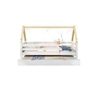 Lit coulissant 200x90 cabane enfant gigogne à roulettes en dessous, bois massif, blanc