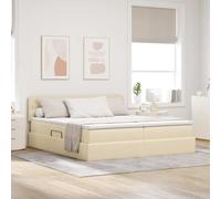 Lit crème 200 x 200 cm avec lumières LED USB Cadre métal et Tissu, Matelas Confortable, Rangement sous lit, Design Contemporain pour Chambre Moderne Cosy