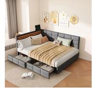 Lit d'angle double 140x190cm en lin gris, cadre de lit avec sommier à latte,lumière LED,port de chargement et 2 tiroir de rangement