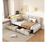 Lit d'angle double 140x200cm en lin beige, cadre de lit avec sommier à latte,lumière LED,port de chargement et 2 tiroir de rangement