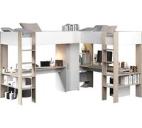 Lit d'angle double avec espace de rangement & bureau - 2 x 90 x 200 cm - Blanc & Couleurs Bois - LASCANO