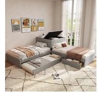 Lit d'angle Double avec gigogne et 2 Tiroirs -Multifonctionnel lit Rembourré avec Armoire de Rangement - 90x200cm(sans Matelas)