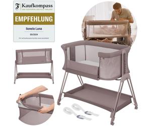Lit d'appoint Lionelo Luna avec matelas, lit de voyage, réglable en hauteur et en inclinaison, 4 roulettes avec freins, fixation au lit parental, jusqu'à 9 kg, beige taupe