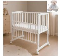 Lit d'appoint pour bébé, blanc, 90x40 cm. Lit bébé, berceau mobile avec hauteur réglable, équipé de roues et comprenant un matelas ainsi qu'un ours en peluche
