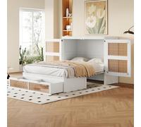 Lit d'armoire, 140 x 200 cm, lit mural peu encombrant avec sommier à lattes et espace de rangement, design rotin, buffet peu encombrant avec tiroirs de rangement, lits en bois, lits pour adolescents