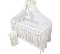 lit de bébé 13 pièces lit d'enfant et literie set complet Happy Leo y compris matelas réglable en hauteur pour nouveau-nés et jeunes enfants en bois massif brodé (ourson lune étoiles dorées)