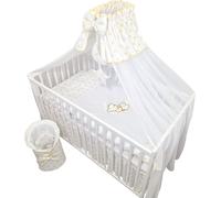 lit de bébé 13 pièces lit d'enfant et literie set complet Timmi y compris matelas réglable en hauteur pour nouveau-nés et enfants en bas âge en bois massif brodé (ourson lune étoiles dorées)
