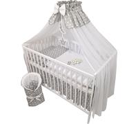 lit de bébé 13 pièces Lit d'enfant et set complet de linge de lit Happy Leo avec matelas réglable en hauteur pour nouveau-nés et enfants en bas âge en bois massif (éléphant - gris)