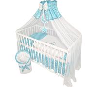 lit de bébé 13 pièces Lit d'enfant et set de linge complet Happy Leo y compris matelas réglable en hauteur pour nouveau-nés et enfants en bas âge en bois massif brodé (ourson lune bleu azur)