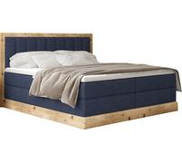 Lit de chambre à coucher ALMA Lit continental rembourré - Design élégant avec bois de chêne, hauteur de couchage de 65 cm et finitions chromées - Confort pour votre chambre à coucher 180x200 cm bleu