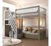 Lit de chambre en bois massif 90 x 200, lit mezzanine avec étagère de rangement, lit simple, lit pour adolescent, lit avec cadre en bois massif, finition haut de gamme, gris