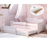 Lit de fille 80x160 avec lit gigogne & deux matelas Lit d'enfant Lit de jeune lit fonctionnel 160x80 avec protection contre les chutes | Canapé princesse transformable blanc rose