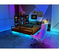 Lit de gaming noir avec support réglable, éclairage LED et paniers de rangement sous le lit. Grand lit en métal d'une longueur de 206 cm.