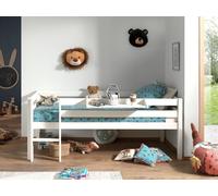 Lit de jeu à couchette Vipack avec surface de couchage 90 x 200 cm, échelle, sommier à lattes à roulettes et étagère à suspendre inclus, en pin massif laqué blanc