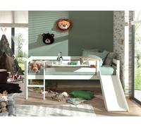 Lit de jeu à couchette Vipack avec surface de couchage 90 x 200 cm, échelle, toboggan, sommier à lattes à roulettes et étagère suspendue inclus, en pin massif laqué blanc