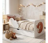 Lit de jeu et lit junior 160 x 80 cm, blanc | Matelas et espace de rangement inclus | Lit pour tout-petits sécurisé « Wolke », autocollants colorés au choix