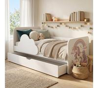 Lit de jeu et lit junior 160 x 80 cm, blanc | Matelas et espace de rangement inclus | Lit pour tout-petits sécurisé, motif nuage et licorne, pour une petite fille