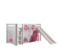 Lit de jeu Vipack Pino incl. toboggan, surface de couchage 90x200 cm avec set textile rideau et 3 sacs "Princes