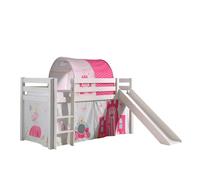 Lit de jeu Vipack Pino incl. toboggan, surface de couchage 90x200 cm avec set textile rideau et tunnel "Princes