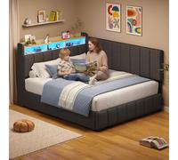 Lit de jeunesse AODEMOKO avec éclairage LED, lit rembourré avec station de charge, cadre de lit avec coffre de rangement, idéal pour chambre à coucher ou chambre d'amis, dimensions 140 x 190 cm, coule