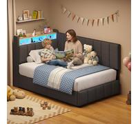 Lit de jeunesse AODEMOKO avec éclairage LED, lit rembourré avec station de charge, structure de lit avec coffre de rangement, idéal pour chambre à coucher, chambre d'amis, dimensions 90 x 190 cm, coul