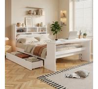 Lit de jeunesse Fliek 140x200 cm avec table rabattable réglable, lit pour enfant transformable en lit double avec tiroir, lit classique en bois avec étagère à la tête, blanc