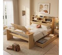 Lit de jeunesse Fliek 140x200 cm avec table rabattable réglable, lit pour enfant transformable en lit double avec tiroir, lit classique en bois avec tête de lit et étagère, finition bois