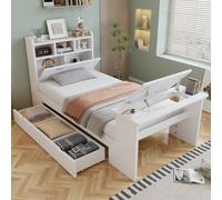 Lit de jeunesse Fliek 90x200 cm avec table rabattable réglable, lit pour enfant, lit simple avec tiroir, lit classique en bois avec étagère à la tête, blanc
