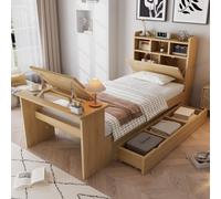 Lit de jeunesse Fliek 90x200 cm avec table rabattable réglable, lit pour enfant, lit simple avec tiroir, lit classique en bois avec étagère à la tête, couleur bois