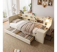 Lit de jour 90 x 200 cm avec bureau, port USB et plateau rabattable – Lit de jour beige, revêtement en lin, 2 tiroirs, compartiment de rangement, sommier à lattes, 238 x 101,5 x 79 cm