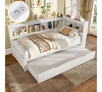 Lit de jour 90 x 200 cm, canapé-lit convertible, lit de jour pratique avec sommier à lattes, prise électrique et 2 ports USB, idéal pour une chambre d'amis ou une chambre d'enfant, blanc