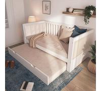 Lit de jour 90x190 cm avec un lit tiroir 90x190, design économe en espace, en bois, de couleur blanche. Idéal pour les petits appartements ou les chambres d'amis. Inclut un sommier à lattes
