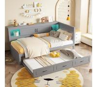 Lit de jour 90x200 cm avec lit tiroir et éclairage LED, prise électrique et port USB, lit gris en panneaux de particules et MDF pour chambre d'enfant