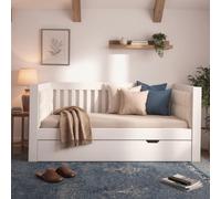 Lit de jour 90x200 cm avec tiroir de rangement 90x190, design économe en espace, en bois, de couleur blanche. Idéal pour les petits appartements ou les chambres d'amis. Inclut un sommier à lattes
