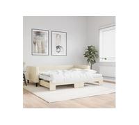 Lit de jour avec gigogne et matelas crème 90x200 cm tissu 3196600