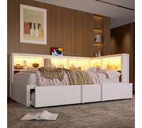 Lit de jour en métal 90 x 200 cm avec lit escamotable, 5 tiroirs de rangement, éclairage LED, ports USB et prises électriques, canapé-lit, blanc, en métal et MDF