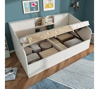 Lit de jour hydraulique 90 x 200 cm, blanc, lit en bois avec 2 tablettes, grand espace de rangement et station de recharge USB/Type-C, sommier à lattes inclus (matelas non fourni)