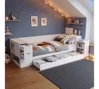 Lit de jour multifonctionnel pour enfant avec tiroirs, étagères, espace de rangement et table de chevet, sans matelas, lit simple 90 x 200, blanc