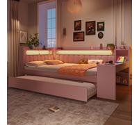 Lit de jour rembourré 140x200 avec ports USB et bande LED, avec lit gigogne et bureau, rose