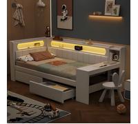 Lit de jour rembourré 90x200 avec connexions USB et ceinture LED, avec bureau et 2 tiroirs, blanc