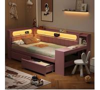 ""Lit de jour rembourré 90x200 avec connexions USB et ceinture LED, avec bureau et 2 tiroirs, rose ""