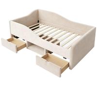 Lit de jour rembourré - Structure de lit - 90 x 190 cm - 2 tiroirs - Barrière de sécurité - Revêtement en velours - Beige