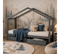 Homestyle4u Lit d'enfant Cabane Montessori 90x200 Bois gris Tiroir