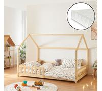 Lit de maison 'Hesel' pour enfants avec matelas, protection contre les chutes, sommier à lattes 140 x 200 cm, aspect bois