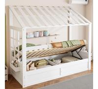 Lit de maison hydraulique pour enfant, 90x200 cm, avec espace de rangement et coffre de rangement, lit en forme de maison avec toit et fenêtres, lit simple en bois avec sommier à lattes, blanc