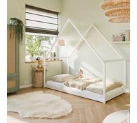 Lit de maison Lit d'enfant 90x200 cm Lit avec sommier à lattes Lit d'enfant Lit d'adolescent Lit de jeu Lit de maison Ciel en option avec matelas | pin blanc bois
